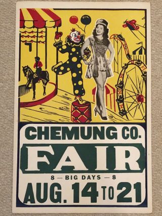 Circa 1949 Vintage Carnival Poster Chemung County Fair Ny Ex Cond