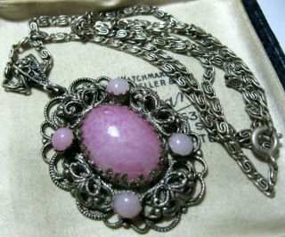 Vintage Antique Jewellery Art Deco Czech Pink Peking Glass Chain Drop Necklace