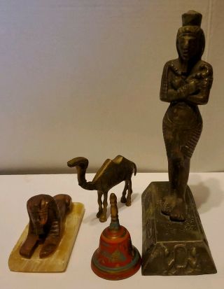 Vintage Brass Egyptian Pharaoh Sphinx Marble Base Figure Art Statue Camel & Bell