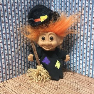 Witch Troll Vintage Russ Doll W Broom Costume Halloween Cute Orange