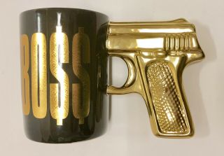 Boss Coffee Mug Pistol Gun Metallic Gold Ceramic Black Just Funky Novelty 5