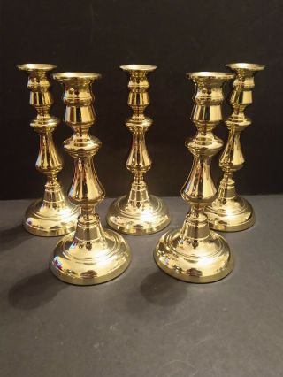 Set Of 5 Baldwin Classic Heavy Polished Brass Candlesticks,  8 " Tall