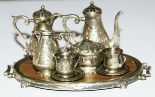 Vintage 12 Piece Miniature Doll House.  835 German Silver Tea Set With Tray