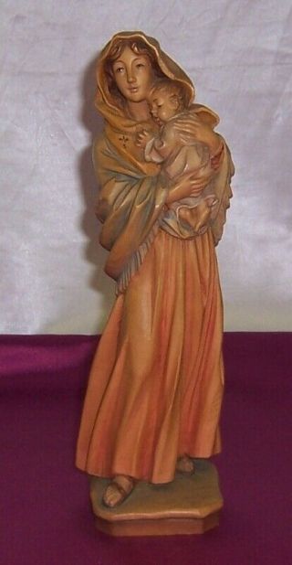 Vintage Anri Italy Wood Carving Madonna & Child 10 Inches Tall Great Color