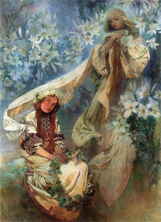 Madonna Of The Lilies Alphonse Mucha Art Nouveau Deco A3 Picture Poster Print