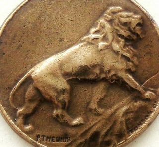 Mighty Lion Of The 1914 World War - Antique Art Medal Pendant Signed P.  Theunis