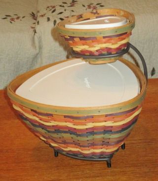 2008 Longaberger Fiesta Chip And Dip Set With Liners,  Lids And Metal Stand