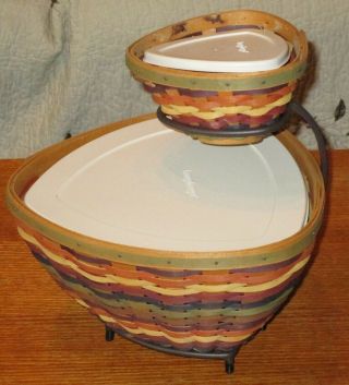 2008 LONGABERGER FIESTA CHIP AND DIP SET WITH LINERS,  LIDS AND METAL STAND 2