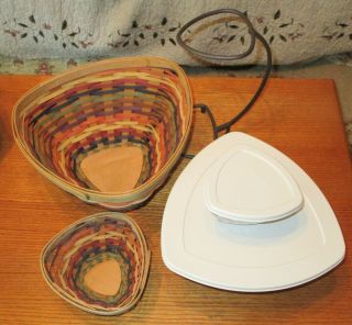 2008 LONGABERGER FIESTA CHIP AND DIP SET WITH LINERS,  LIDS AND METAL STAND 3