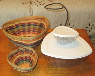 2008 LONGABERGER FIESTA CHIP AND DIP SET WITH LINERS,  LIDS AND METAL STAND 4