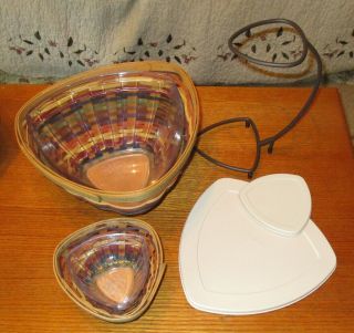 2008 LONGABERGER FIESTA CHIP AND DIP SET WITH LINERS,  LIDS AND METAL STAND 5