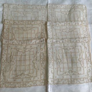 6 Vintage Ecru & Creamy White Irish Linen Doily Mats - Lefkara Hand Embroidery