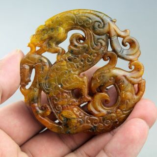 2.  7  China Old Jade Chinese Carved Ancient Dragon Phoenix Jade Pendant 2134