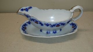 Antique W.  H.  Grindley " Countess " Flow Blue Gravy Boat And Under Dish