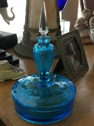 Fostoria Antique Etched Blue Glass Dresser Powder Box Perfume Bottle Combo