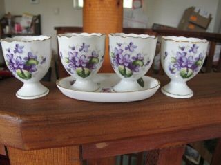 4 Vintage _ Egg Cups _ Lipper & Mann L&m Bond China Purple Violets Gold Trim