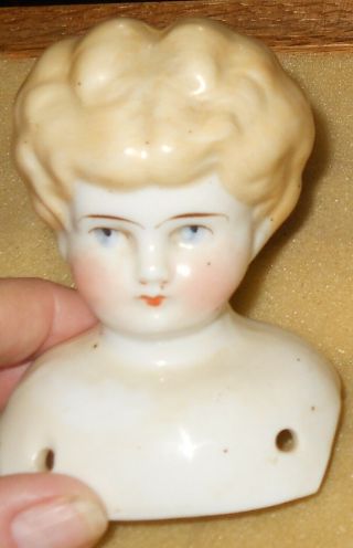 Vintage Porcelain Blond Hair Doll Head 3 1/2 " X 2 1/2 Rosy Cheeks
