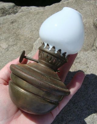 Vintage Brass Kelly / Pixie Hand Held Oil Lamp - Opal Glass Shade - Weighted