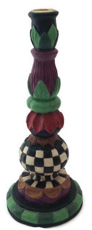 Vtg Peggy Fairfax Herrick Wood Candle Stick Holder Checkered Black Green 10.  5 "