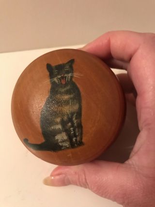 Vintage Treen Wooden Painted Lid/pill/trinket/change Box With Painted Cat