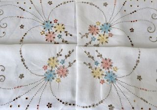 Vintage Hand Embroidered Linen Madeira Tablecloth Pretty Pastel Florals