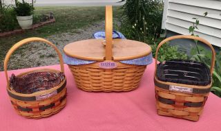 3 Longaberger Baskets Signed By All 12 Family Members W/protectors & Liners Ec