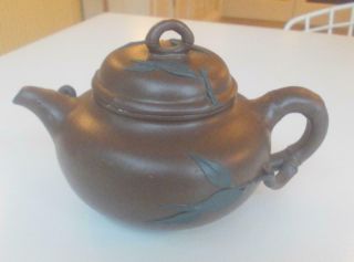 Vintage Chinese Yixing Pottery Tea Pot Green Leaf Decoration Mark To Base 6in W.