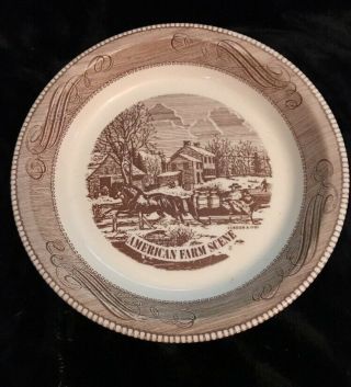 Currier & Ives American Farm Scene Brown Royal China 10 " Pie Plate By Jeannette