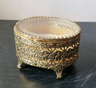 Vintage Detailed Brass And Beveled Glass Trinket Box Casket With Angels/putti