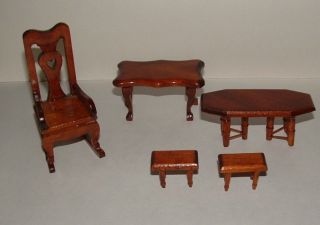 Vintage Miniature Wooden Dollhouse Furniture Rocking Chair 2 Tables 2 Stools
