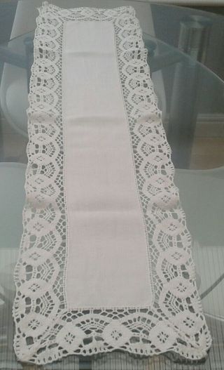Vintage White Linen And Crocheted Lace Table Runner
