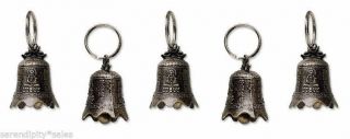 5 Brass Bells With Clappers And Split Ring Antique Finish W/ Quan Yin Design