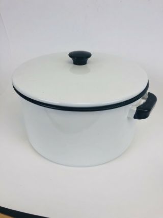 Antique Vintage Kitchen Enamel Pot With Handles And Lid Cover White Black Trim
