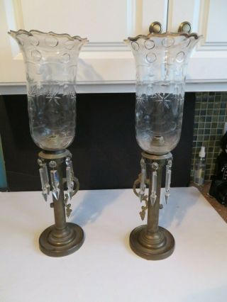 Victorian Brass Candle Holders Pair With Etched Cut Shades & Cut Glass Prisms