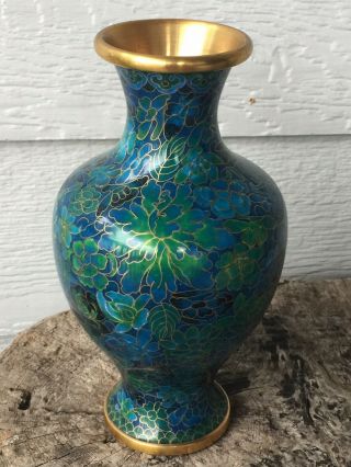 Vintage C.  1940s Chinese Cloisonne Enamel 8.  5 " Vase Asian Floral Blues & Greens