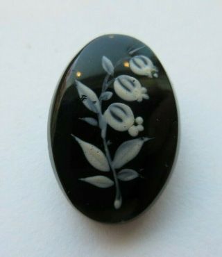 Pristine Antique Victorian Mourning Black Glass Button Lily Of The Valley (g)