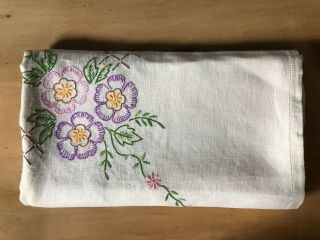 Vintage Hand Embroidered Cotton / Linen Table Cloth - 50 " X 50 " Floral Design