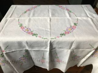 Vintage Hand Embroidered Cotton / Linen Table Cloth - 50 