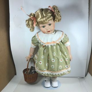 Vintage 16” Porcelain Doll Holding Basket Of Kittens