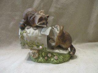 Vtg 1987 Adorable Masterpiece Porcelain Raccoons In Mailbox Figurine