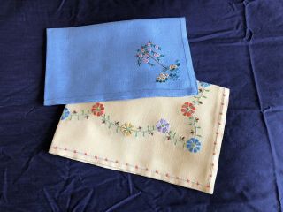 Two Pretty Vintage Irish Linen Hand Embroidered Tray Cloths / Table Centrepieces