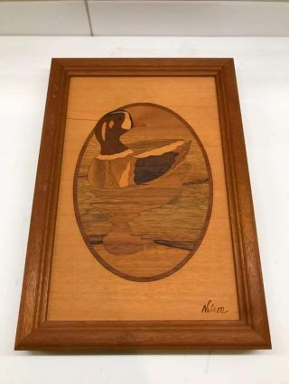 Vintage Hudson River Wood Framed Marquetry Artist Inlay Floating Duck Picture