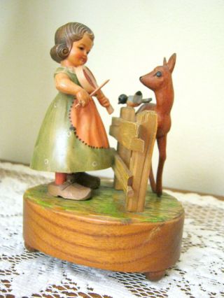 Vtg Anri Toriart Carved Girl W/instrument,  Deer & Bird Reuge Swiss Music Box