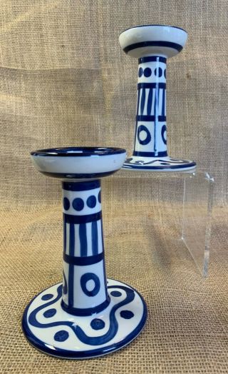 Pair Vintage Dansk Arabesque Blue & White Candle Holders Made In Japan