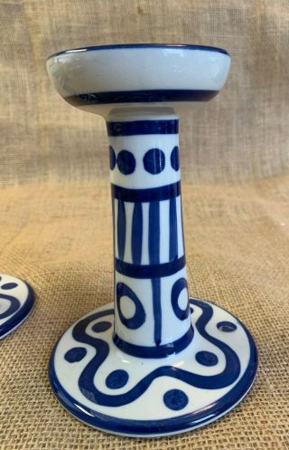 Pair Vintage Dansk Arabesque Blue & White Candle Holders made in Japan 3