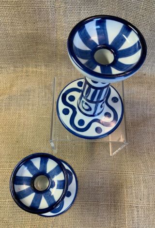 Pair Vintage Dansk Arabesque Blue & White Candle Holders made in Japan 4