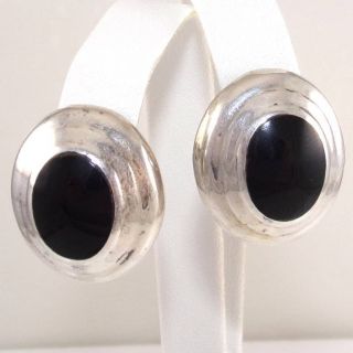 Heavy Vintage Sterling Silver Taxco Black Onyx Modernist Oval Earrings Ldd5