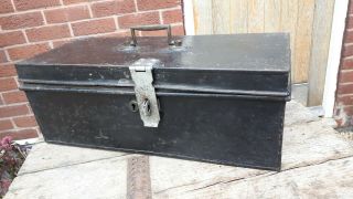 Vintage Black Metal Deed Box Tool Box Tin With Handle 45cm X 19cm X 16.  5cm