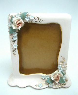 Vintage Small Pink Florence Ceramics Photo Frame With Ceramic Flowers