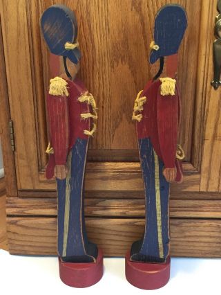 2 Vintage Hand Painted Carved Wooden Soldiers,  Red & Blue Uniform,  Marching,  18 "